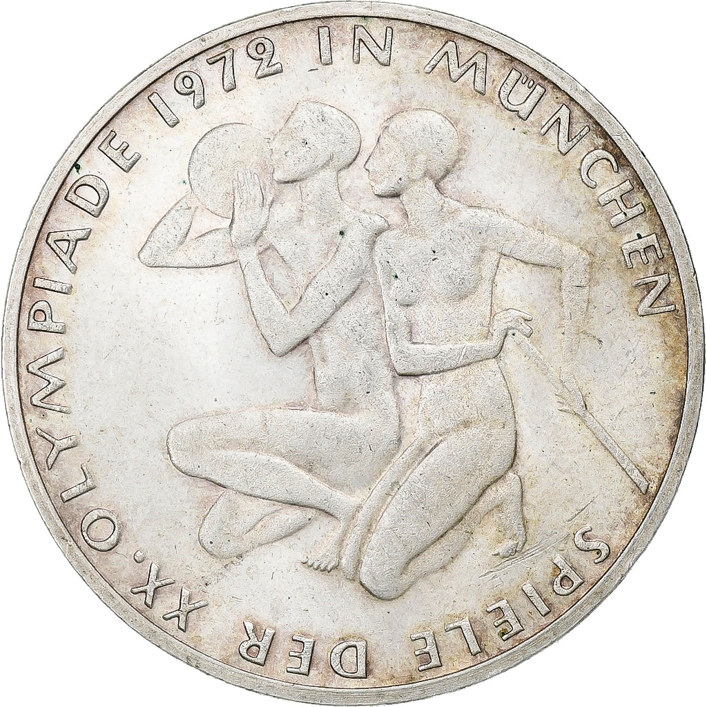 Niemcy, 10 Mark, Munich Olympics, 1972, Stuttgart, Srebro, AU(55-58), KM:132