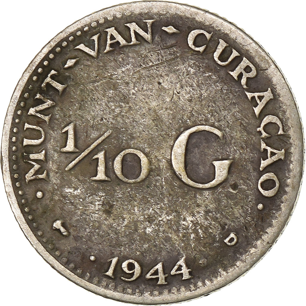 Antille olandesi, Wilhelmina I, 1/10 Gulden, 1944, Argento, BB, KM:43