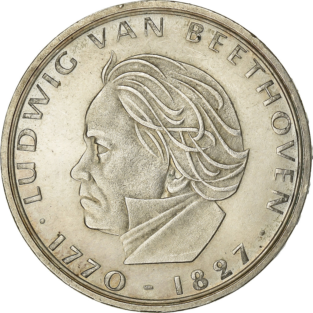 Alemania, 5 Mark, Beethoven, 1970, Stuttgart, Plata, MBC, KM:127