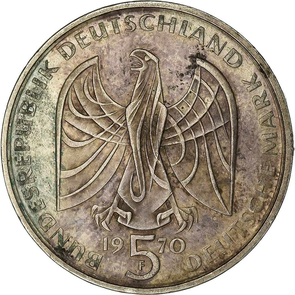 Alemania, 5 Mark, Beethoven, 1970, Stuttgart, Plata, MBC, KM:127