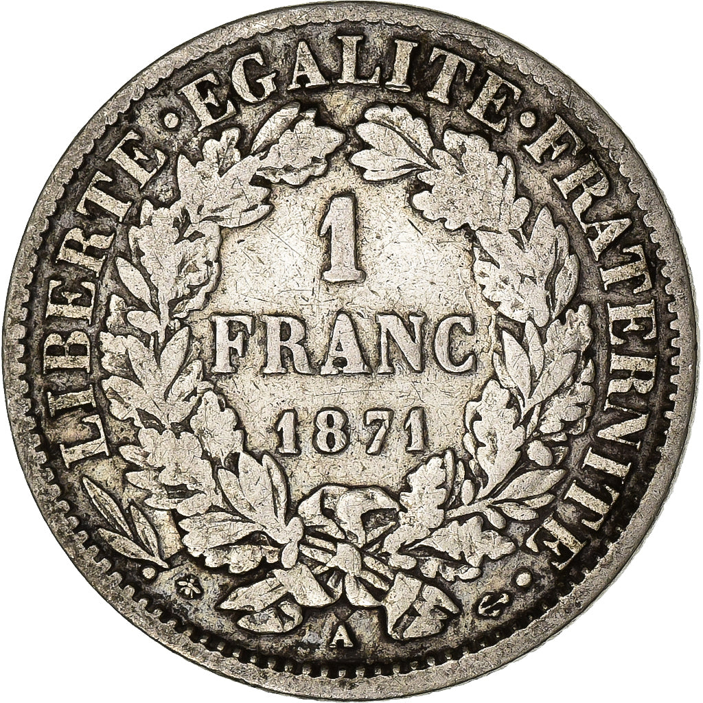 France, 1 Franc, Cérès, 1871, Paris, Silver, VF(30-35), Gadoury:457, KM:759