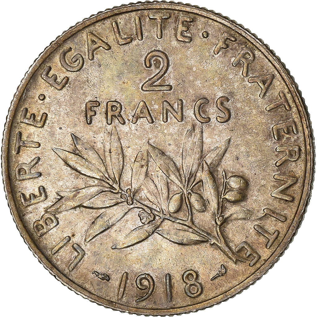 Francja, 2 Francs, Semeuse, 1918, Srebro, AU(50-53), Gadoury:532, KM:845.1