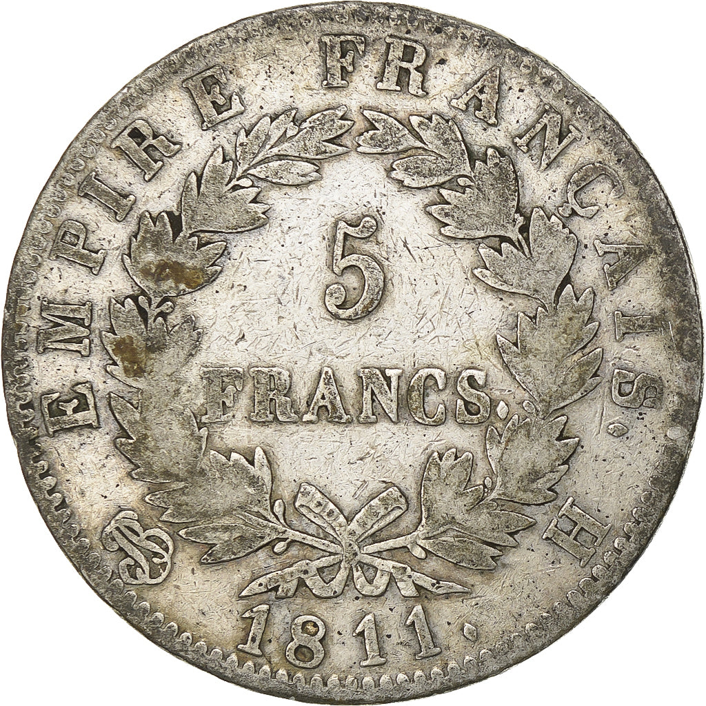 Francia, Napoleon I, 5 Francs, 1811, La Rochelle, Plata, BC+, Gadoury:584