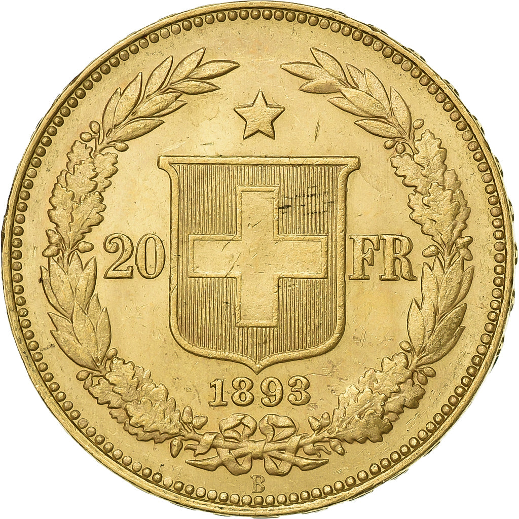 Suiza, 20 Francs, Helvetia, 1893, Bern, Oro, MBC, KM:31