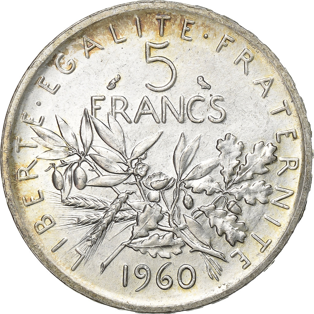 Francja, 5 Francs, Semeuse, 1960, Paris, Srebro, MS(60-62), Gadoury:770, KM:926