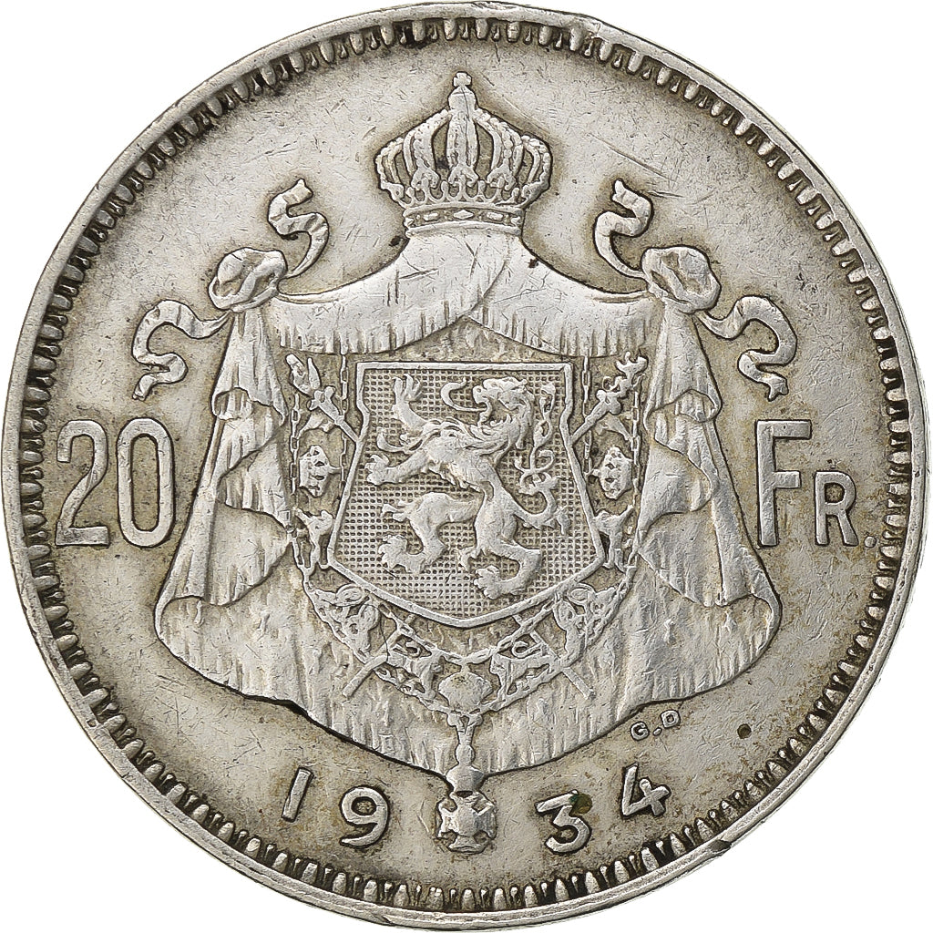 Belgia, Albert I, 20 Francs, 1934, Brussels, Srebro, AU(55-58), KM:104