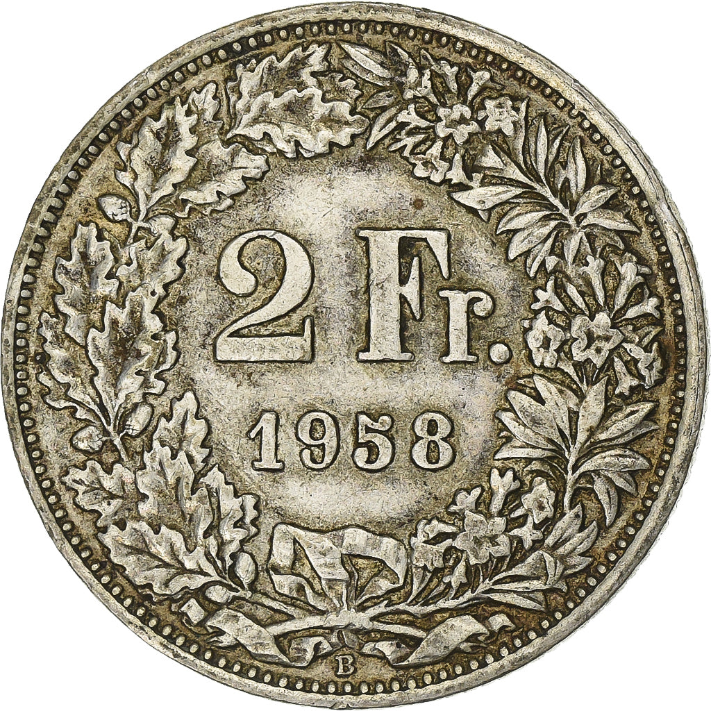 Switzerland, 2 Francs, Helvetia, 1958, Bern, Silver, AU(55-58), KM:21