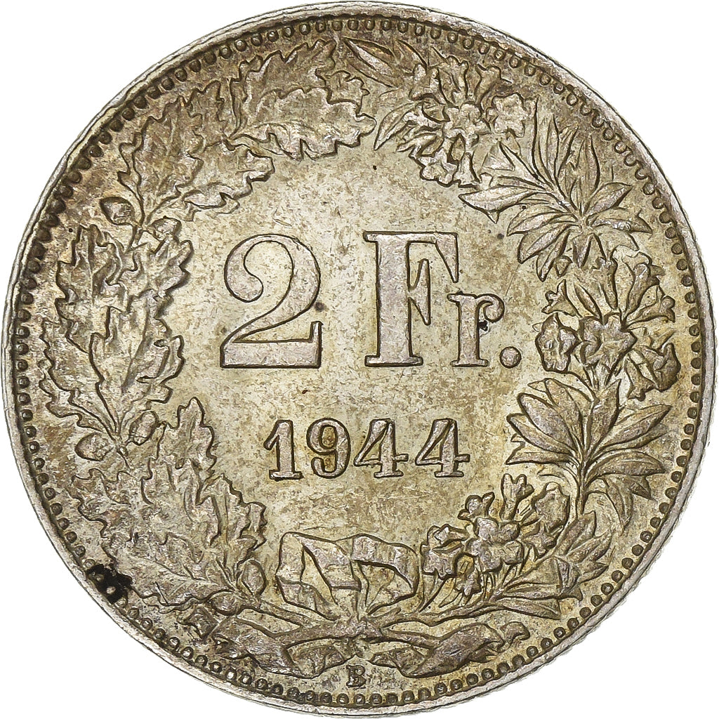 Switzerland, 2 Francs, Helvetia, 1944, Bern, Silver, AU(55-58), KM:21