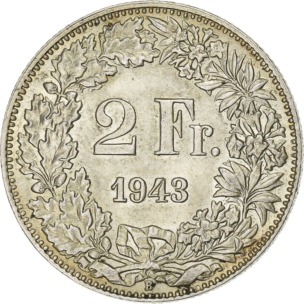 Switzerland, 2 Francs, Helvetia, 1943, Bern, Silver, AU(55-58), KM:21