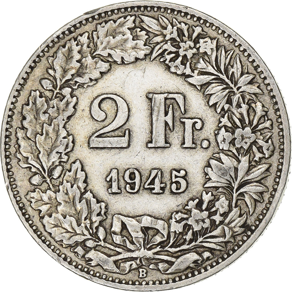 Switzerland, 2 Francs, Helvetia, 1945, Bern, Silver, AU(55-58), KM:21