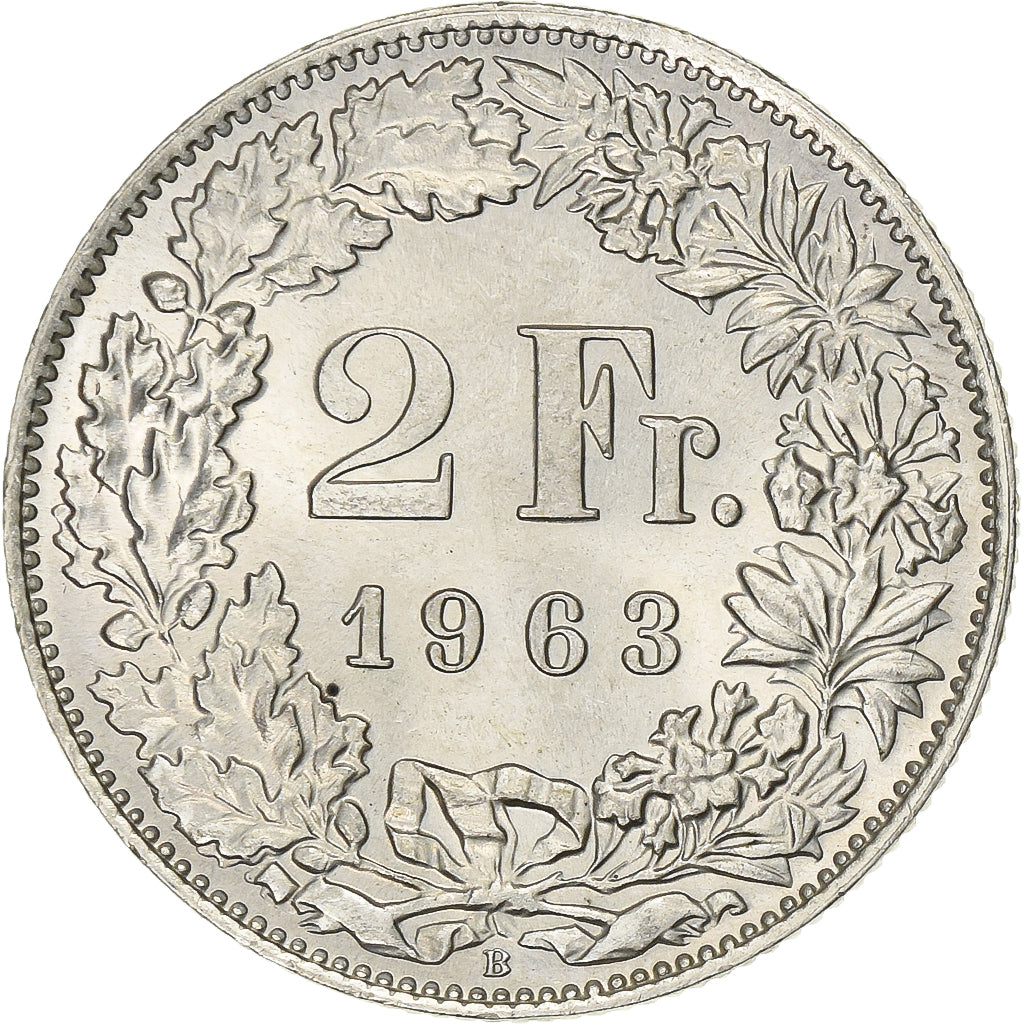 Switzerland, 2 Francs, Helvetia, 1963, Bern, Silver, AU(55-58), KM:21