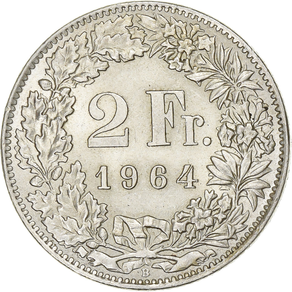 Switzerland, 2 Francs, Helvetia, 1964, Bern, Silver, AU(55-58), KM:21