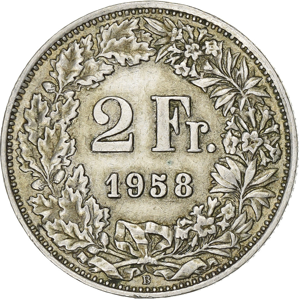 Switzerland, 2 Francs, Helvetia, 1958, Bern, Silver, AU(55-58), KM:21