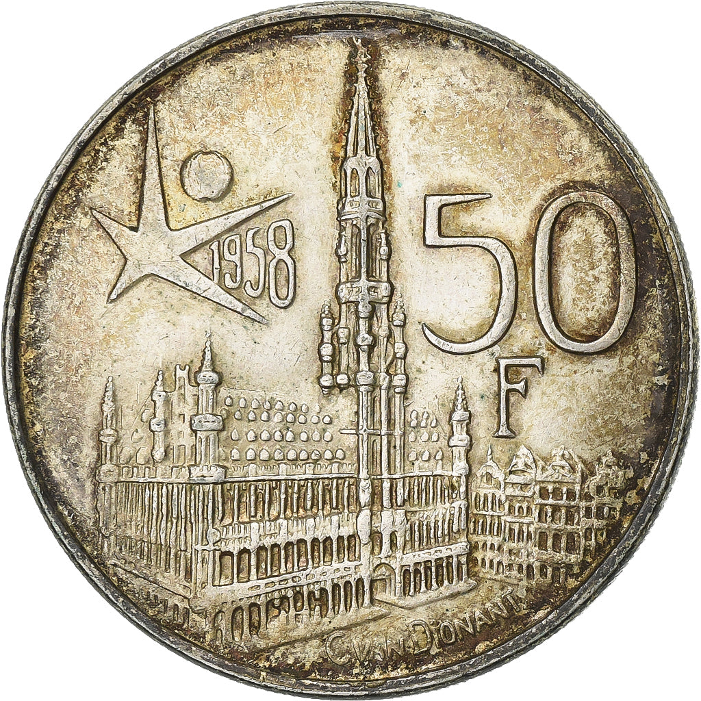 Belgium, 50 Francs, Brussels World Fair, 1958, Silver, EF(40-45), KM:151