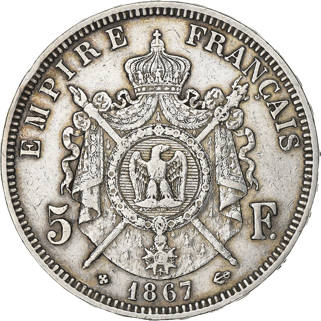 France, Napoleon III, 5 Francs, 1867, Strasbourg, Silver, EF(40-45)