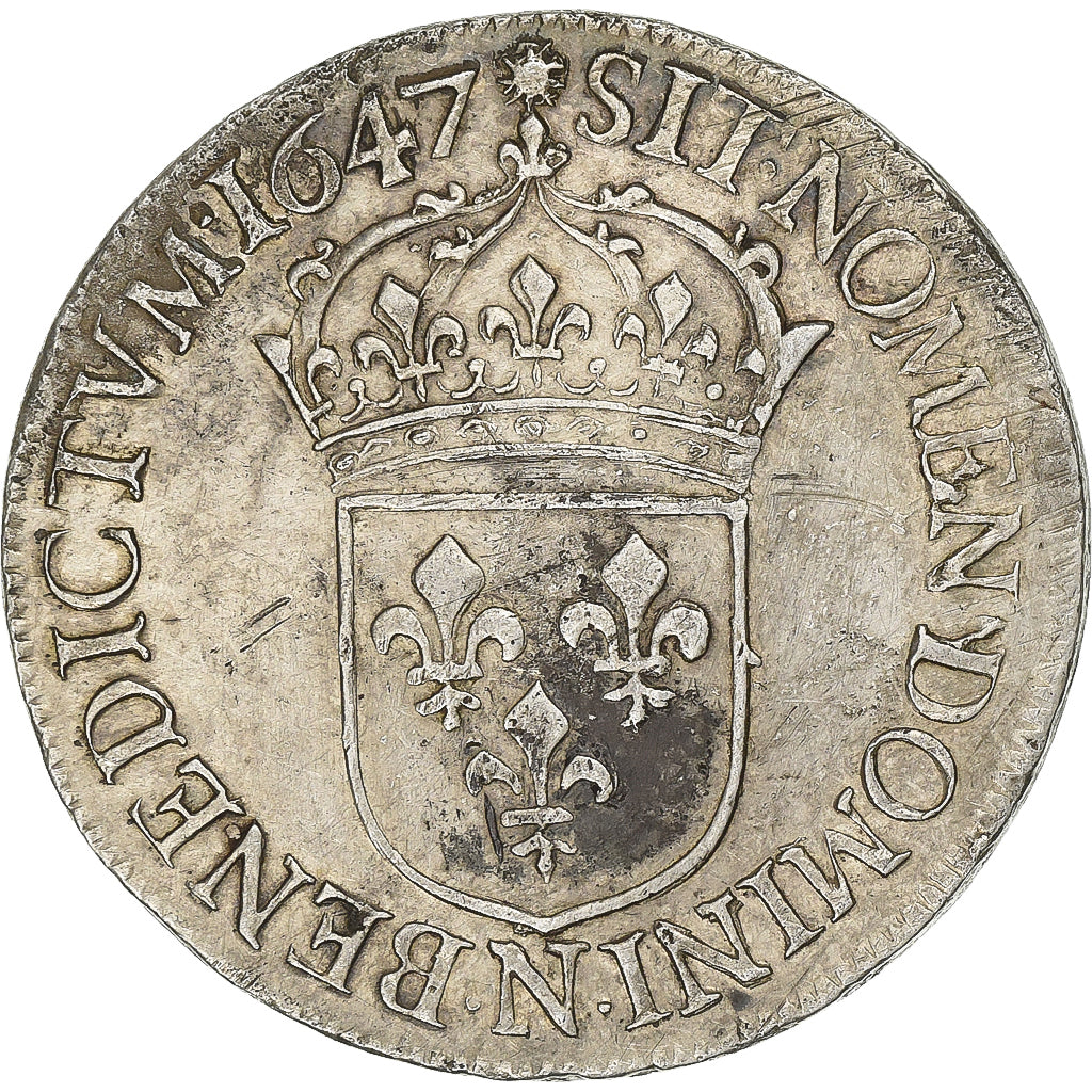 Frankrijk, Louis XIV, Écu à la mèche longue, 1647, Montpellier, Zilver, ZF+