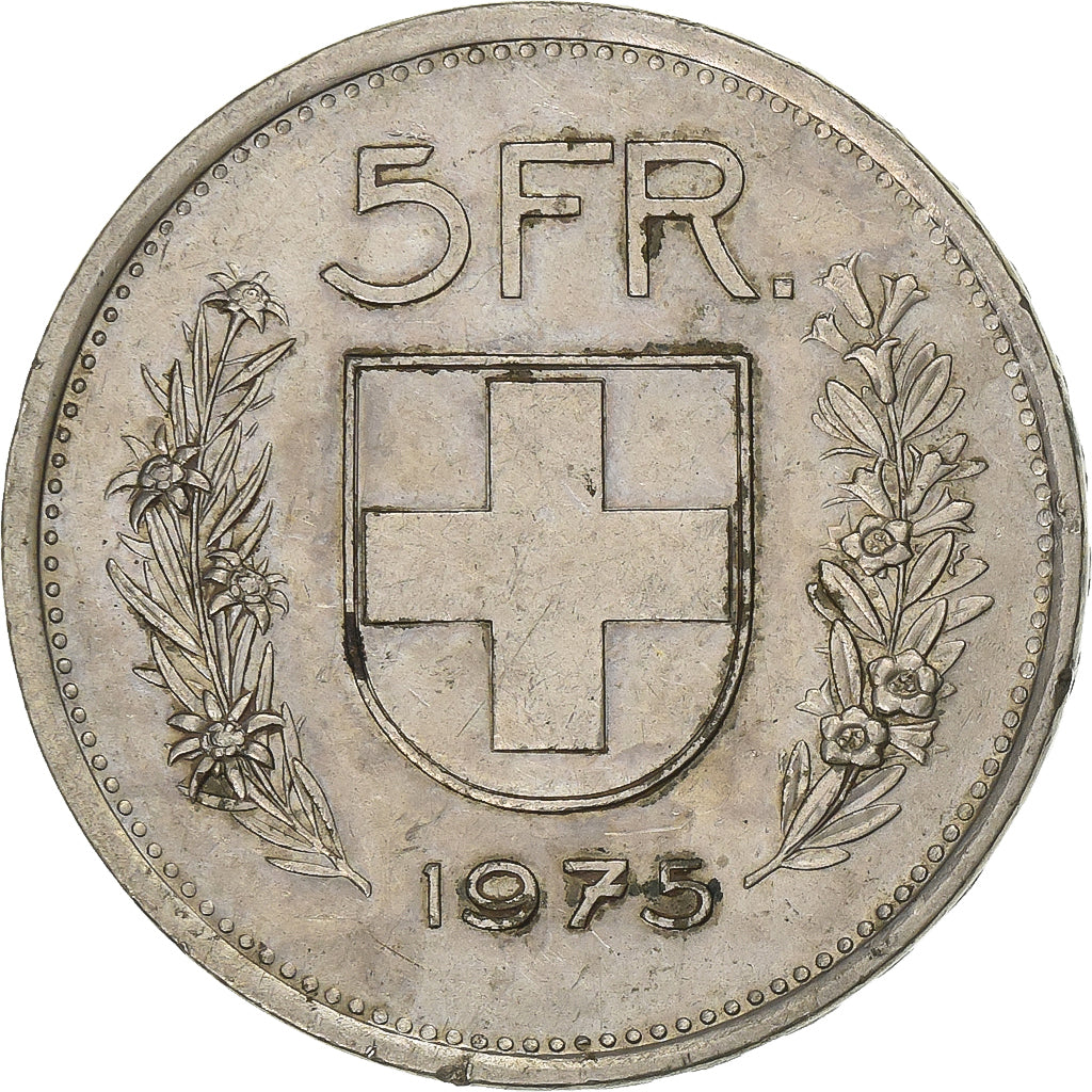 Switzerland, 5 Francs, 1975, Bern, Copper-nickel, AU(55-58), KM:40a