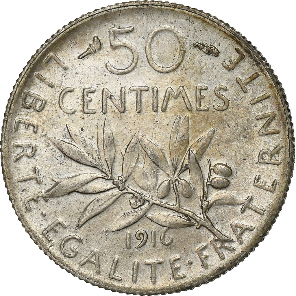 França, 50 Centimes, Semeuse, 1916, Paris, Prata, AU(55-58), KM:854