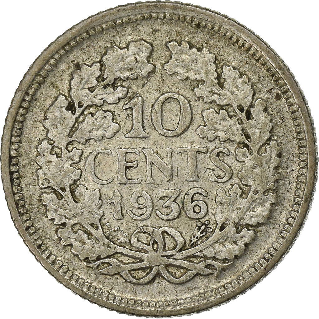Holandia, Wilhelmina I, 10 Cents, 1936, Srebro, EF(40-45), KM:145