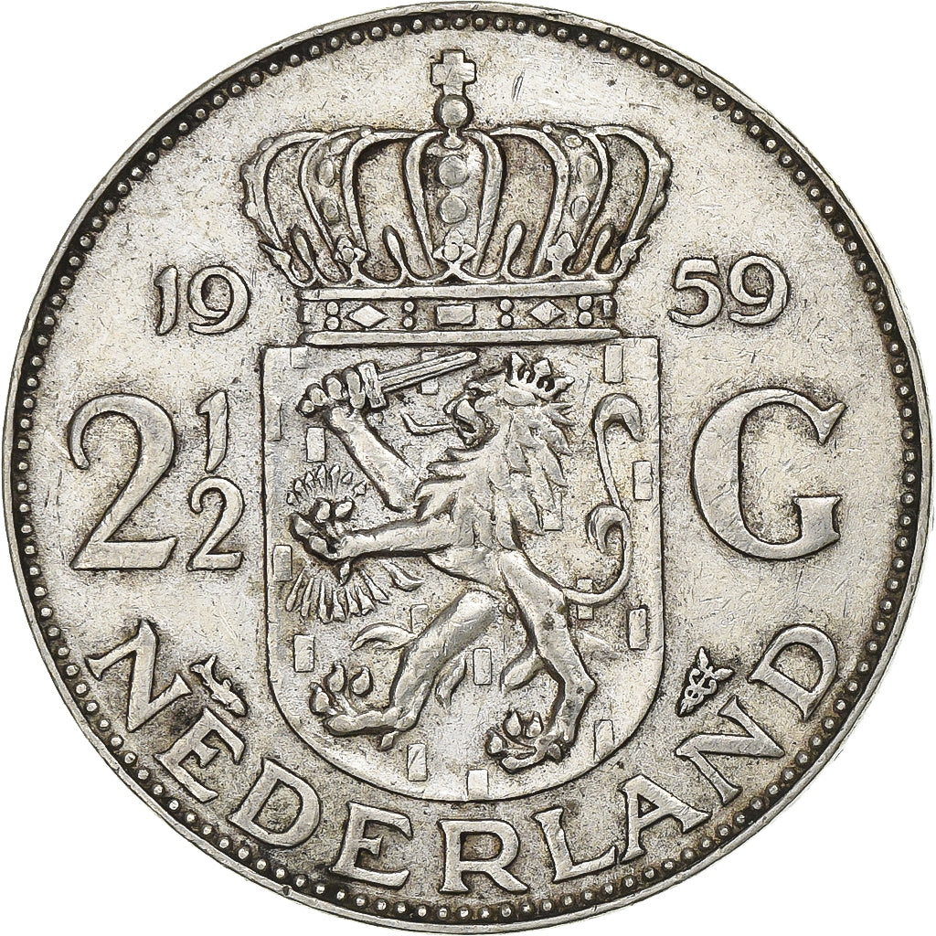 Netherlands, Juliana, 2-1/2 Gulden, 1959, Silver, AU(50-53), KM:185
