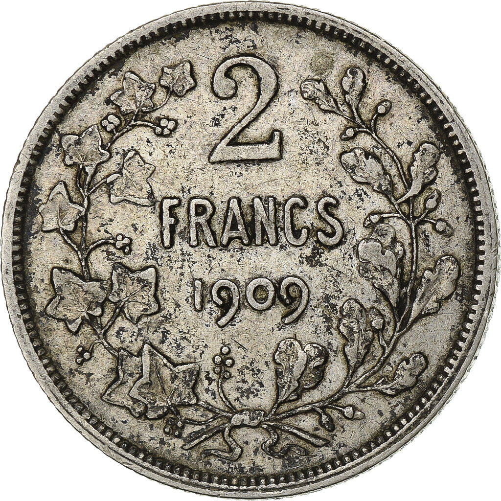 België, Leopold II, 2 Francs, 1909, Zilver, ZF+, KM:58