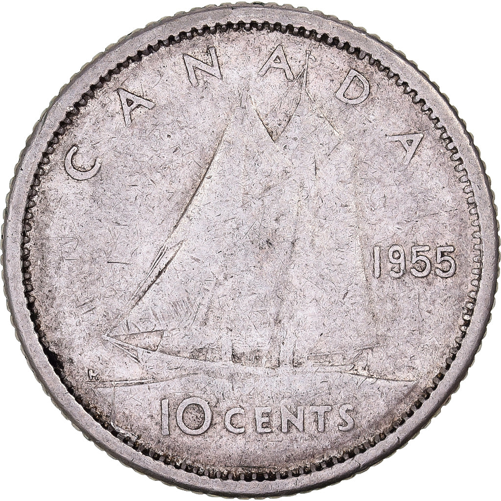 Canadá, Elizabeth II, 10 Cents, 1955, Royal Canadian Mint, Prata, VF(30-35)