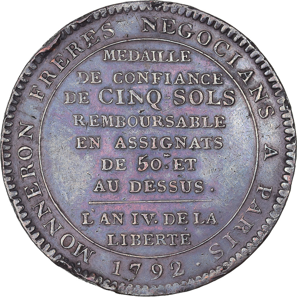 France, 5 Sols, 1792 / AN 4, Birmingham, Monneron, Bronze, EF(40-45)