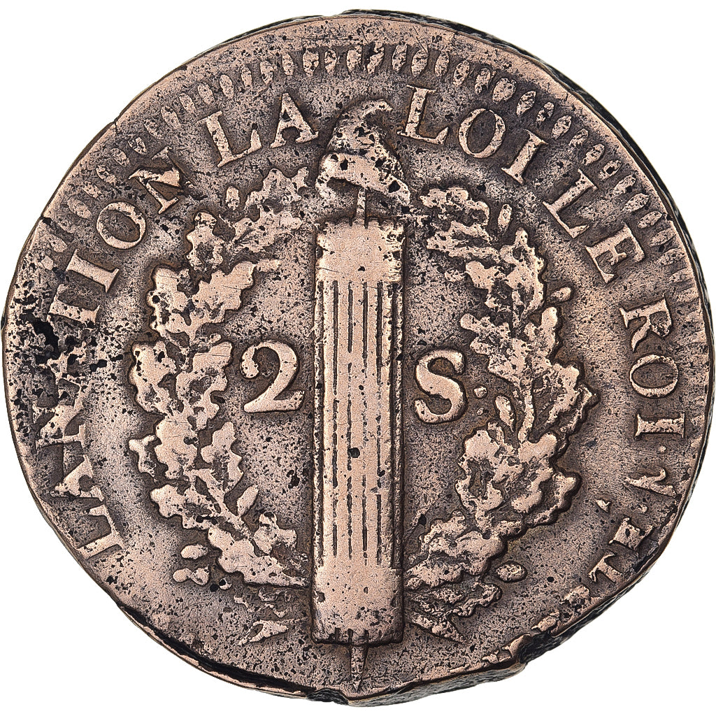 France, Louis XVI, 2 Sols, 2 sols françois, 1792, Lille, Bronze, TB+