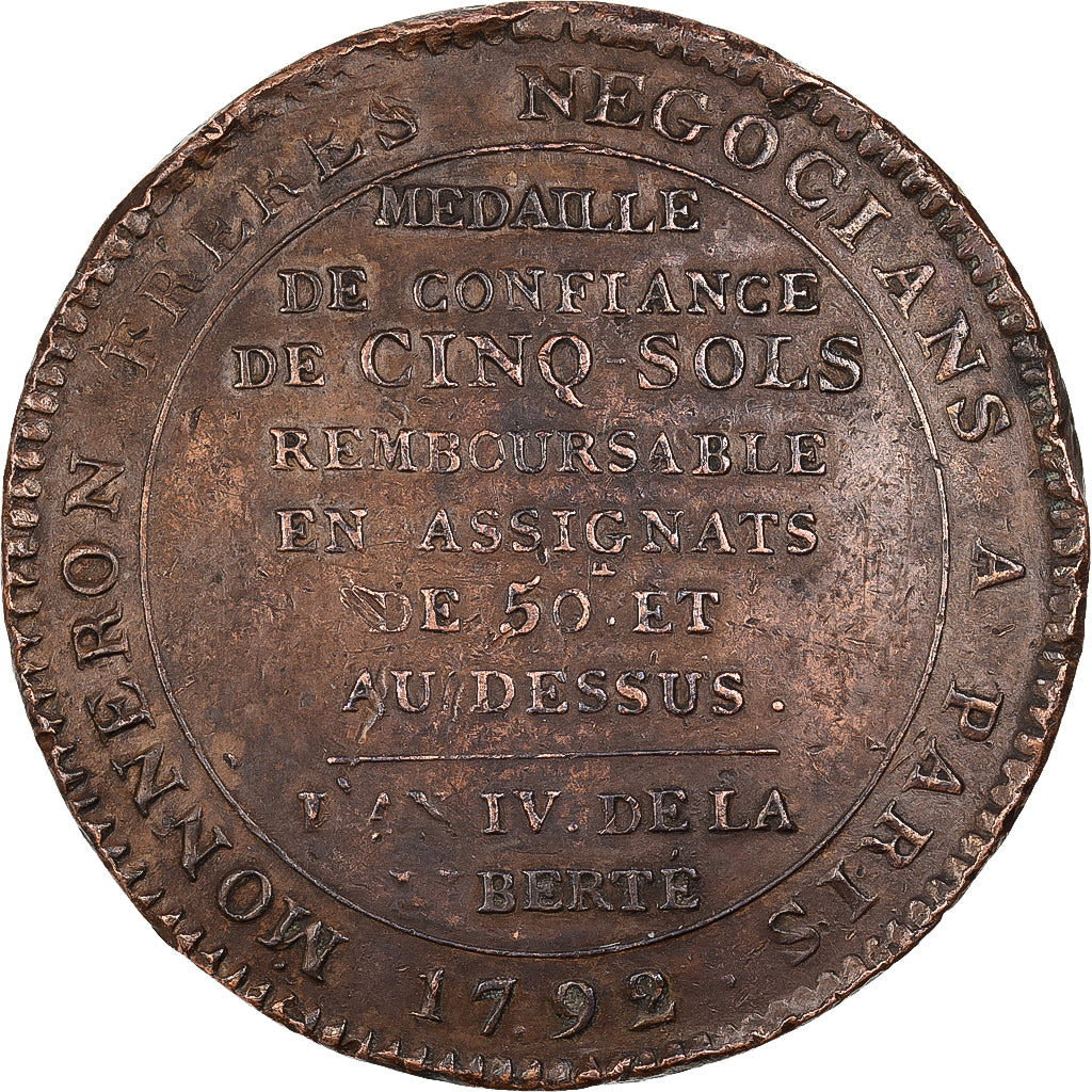 Francja, 5 Sols, 1792 / AN 4, Birmingham, Monneron, Brązowy, EF(40-45)