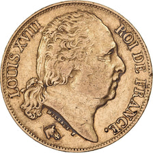 Francja, Louis XVIII, 20 Francs, 1816, Paris, Złoto, EF(40-45), Gadoury:1028