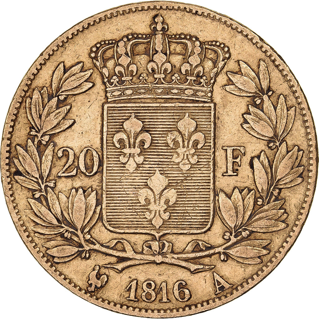 Francja, Louis XVIII, 20 Francs, 1816, Paris, Złoto, EF(40-45), Gadoury:1028