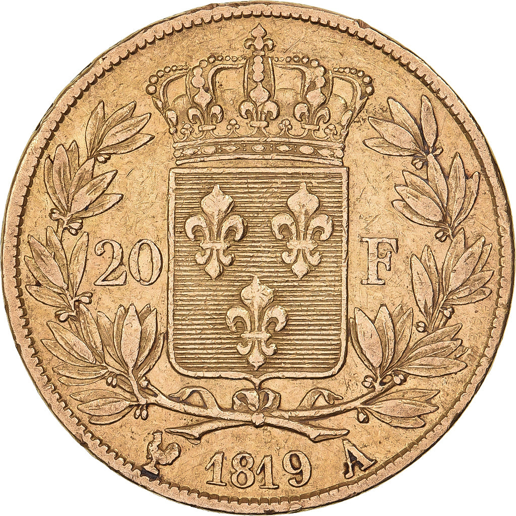 Francja, Louis XVIII, 20 Francs, 1819, Paris, Złoto, EF(40-45), Gadoury:1028