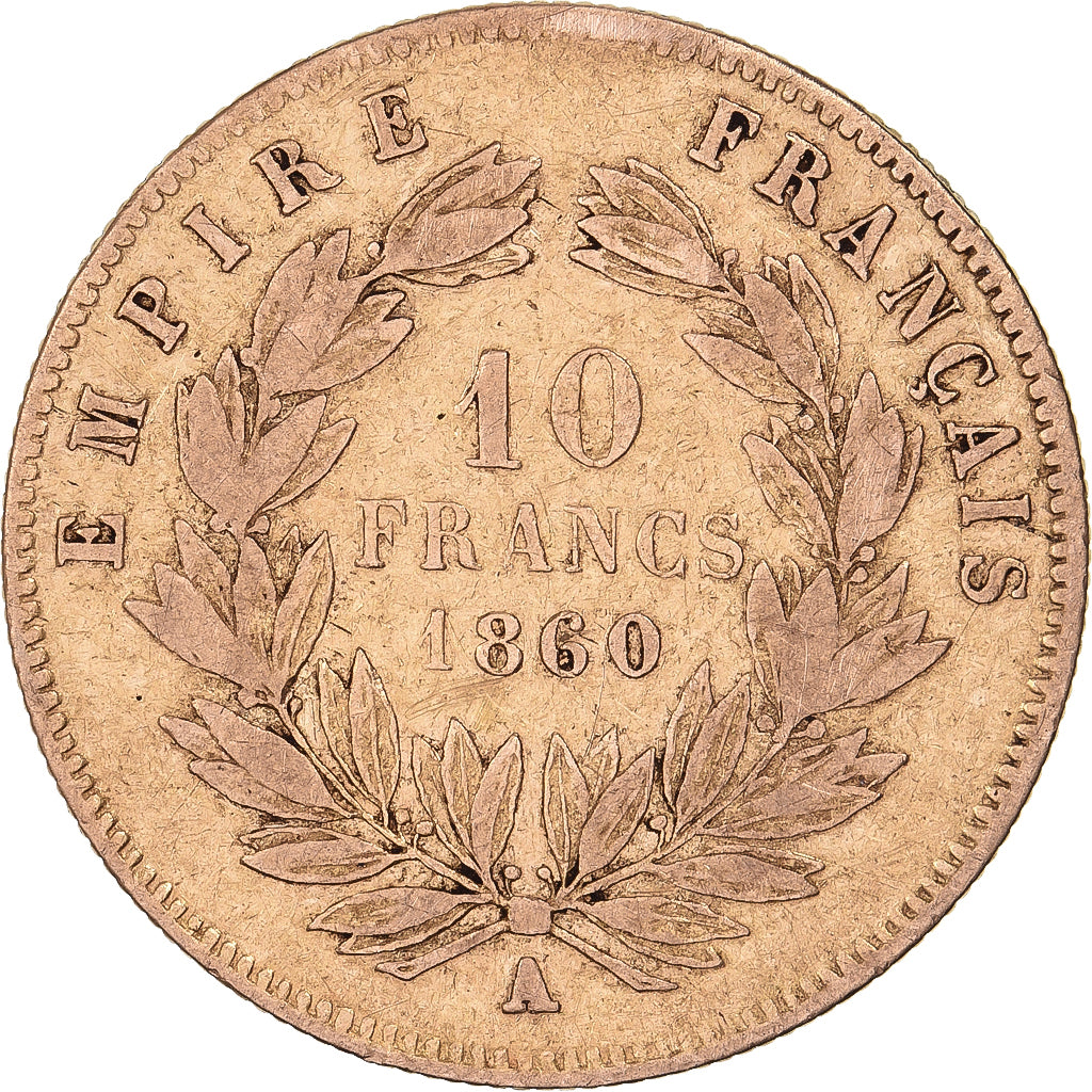 França, Napoleon III, 10 Francs, 1860, Paris, Dourado, VF(30-35), Gadoury:1014
