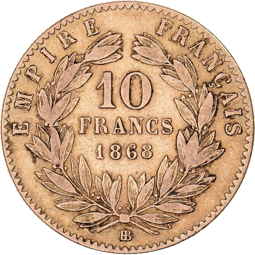 France, Napoleon III, 10 Francs, 1868, Strasbourg, Gold, VF(30-35)