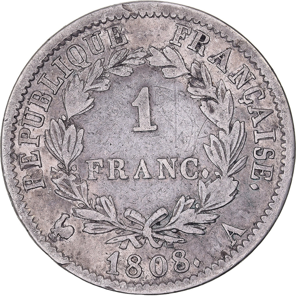 France, Napoleon I, Franc, 1808, Paris, Silver, VF(30-35), Gadoury:446, KM:682.1