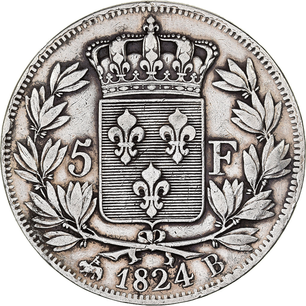 France, Louis XVIII, 5 Francs, 1824, Rouen, Silver, VF(30-35), Gadoury:614