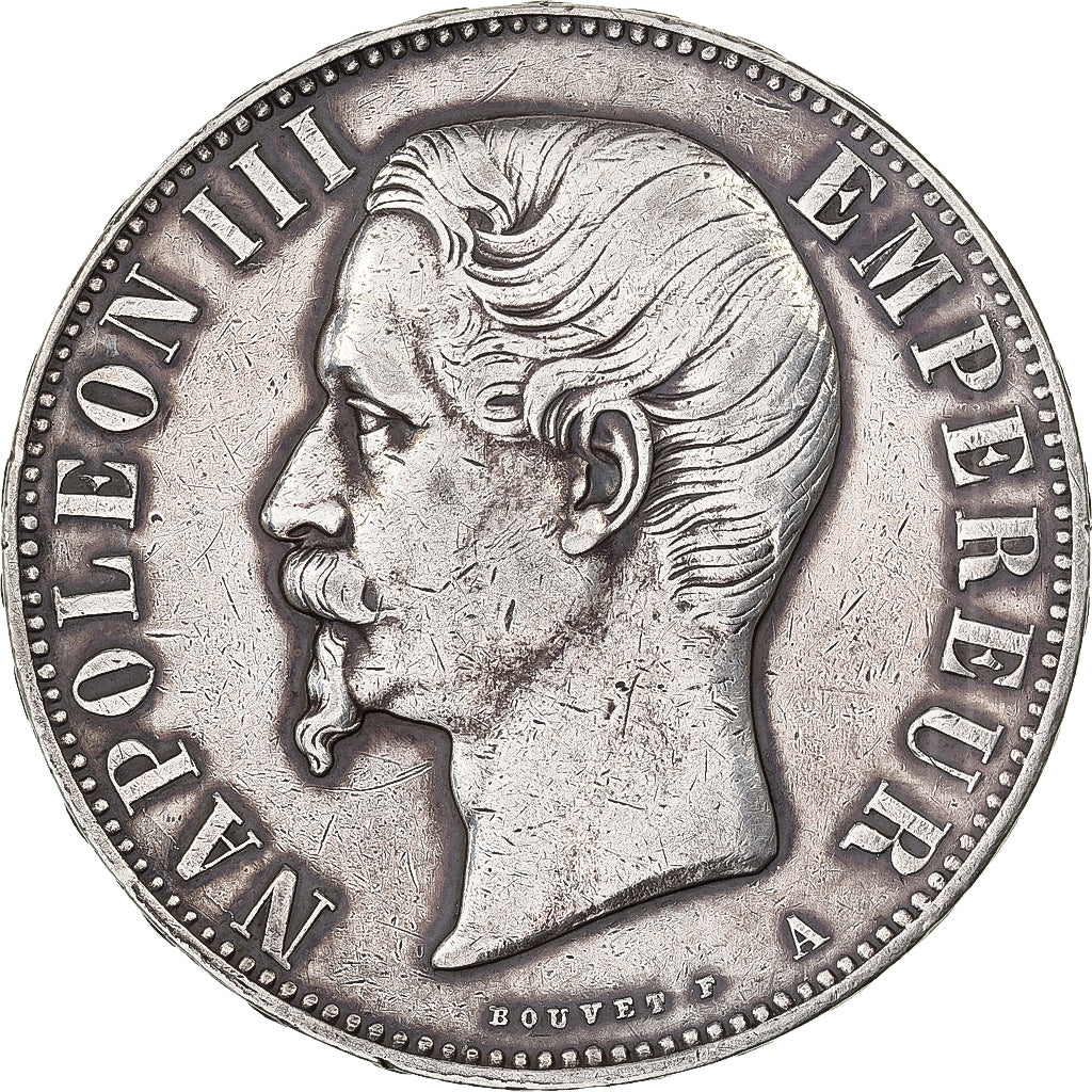 France, Napoleon III, 5 Francs, 1855, Paris, main ancre, Silver, EF(40-45)