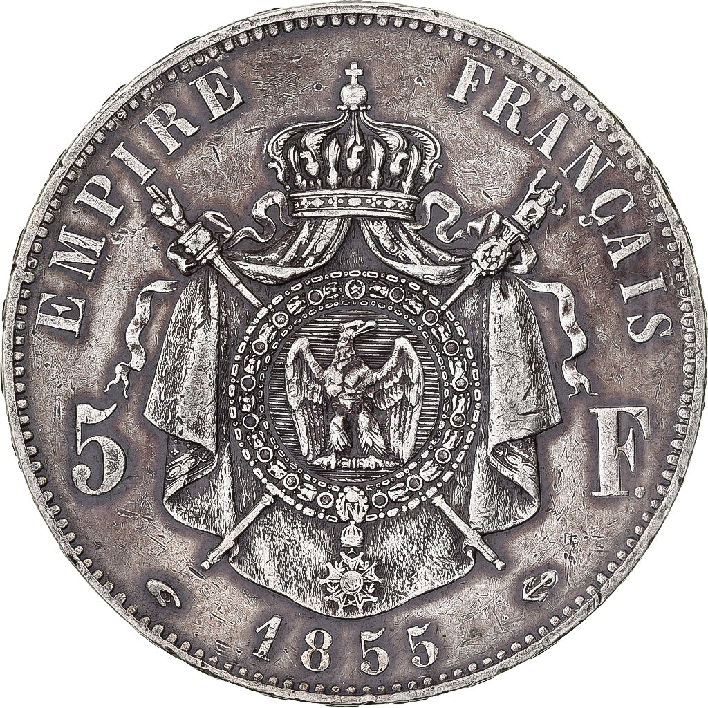 France, Napoleon III, 5 Francs, 1855, Paris, main ancre, Silver, EF(40-45)