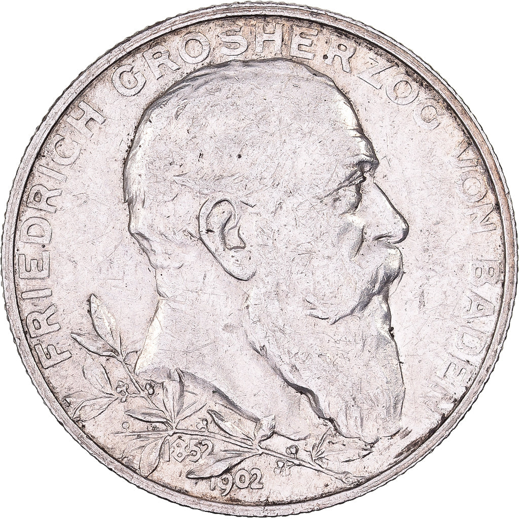 German States, BADEN, Friedrich I, 2 Mark, 1902, Silver, AU(55-58), KM:271
