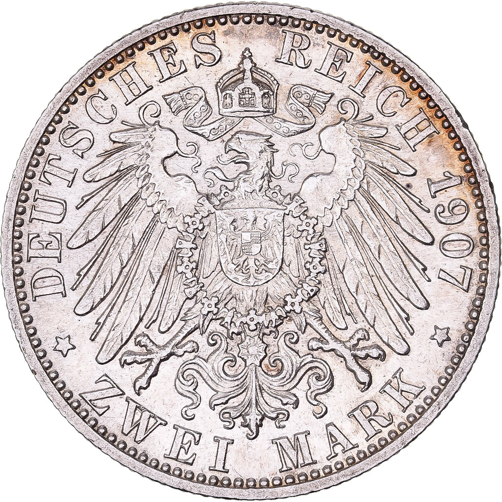 Duitse staten, BADEN, Friedrich I, 2 Mark, 1907, Zilver, PR, KM:272
