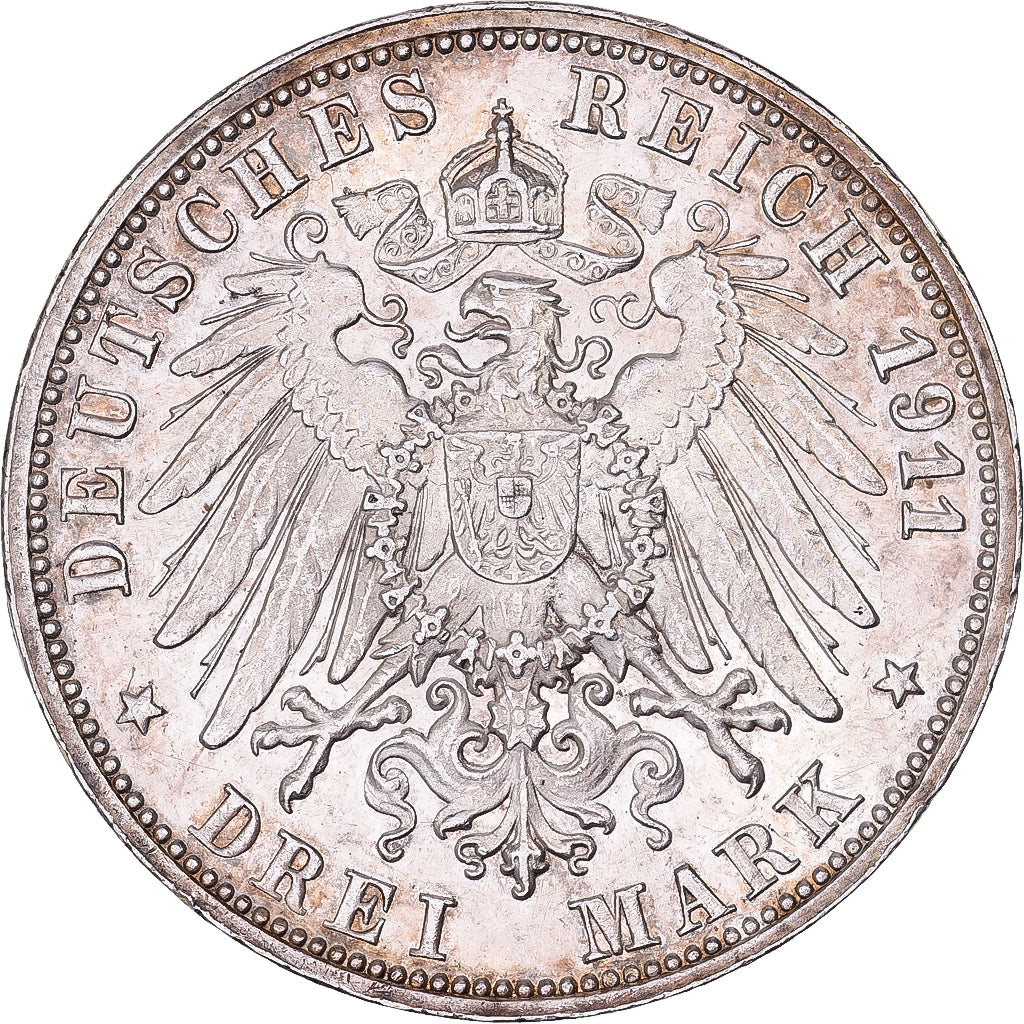 German States, WURTTEMBERG, Wilhelm II, 3 Mark, 1911, Freudenstadt, Silver