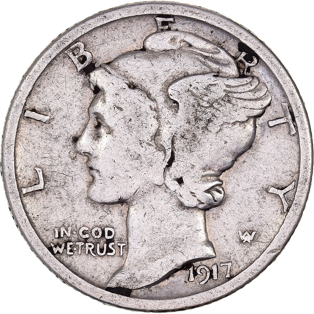 United States, Dime, Mercury, 1917, U.S. Mint, Silver, VF(30-35), KM:140
