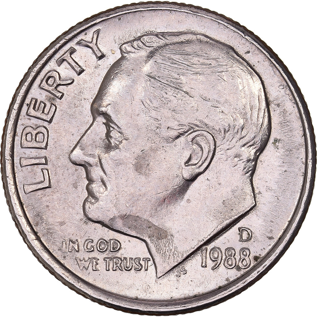 États-Unis, Dime, Roosevelt, 1988, U.S. Mint, Cupronickel plaqué cuivre, TTB+