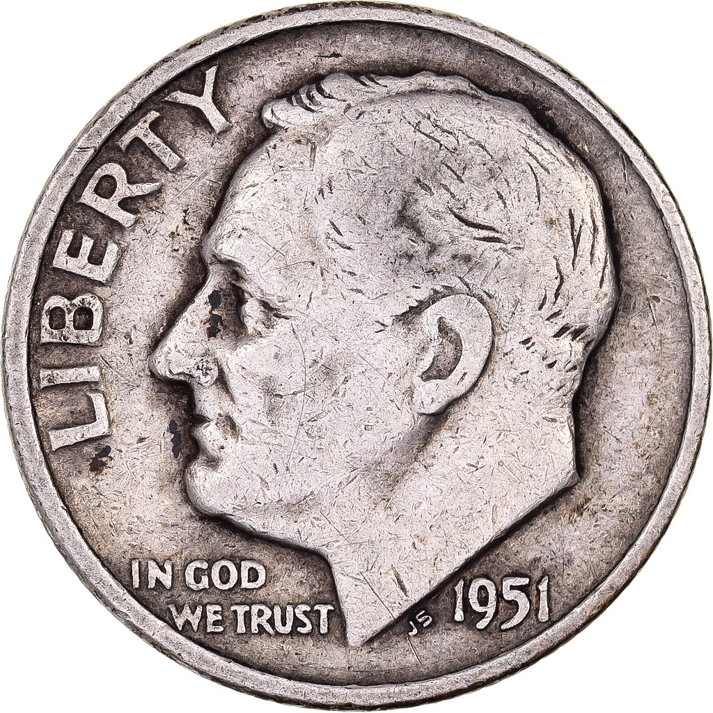 Stati Uniti, Dime, Roosevelt, 1951, U.S. Mint, Argento, BB, KM:195