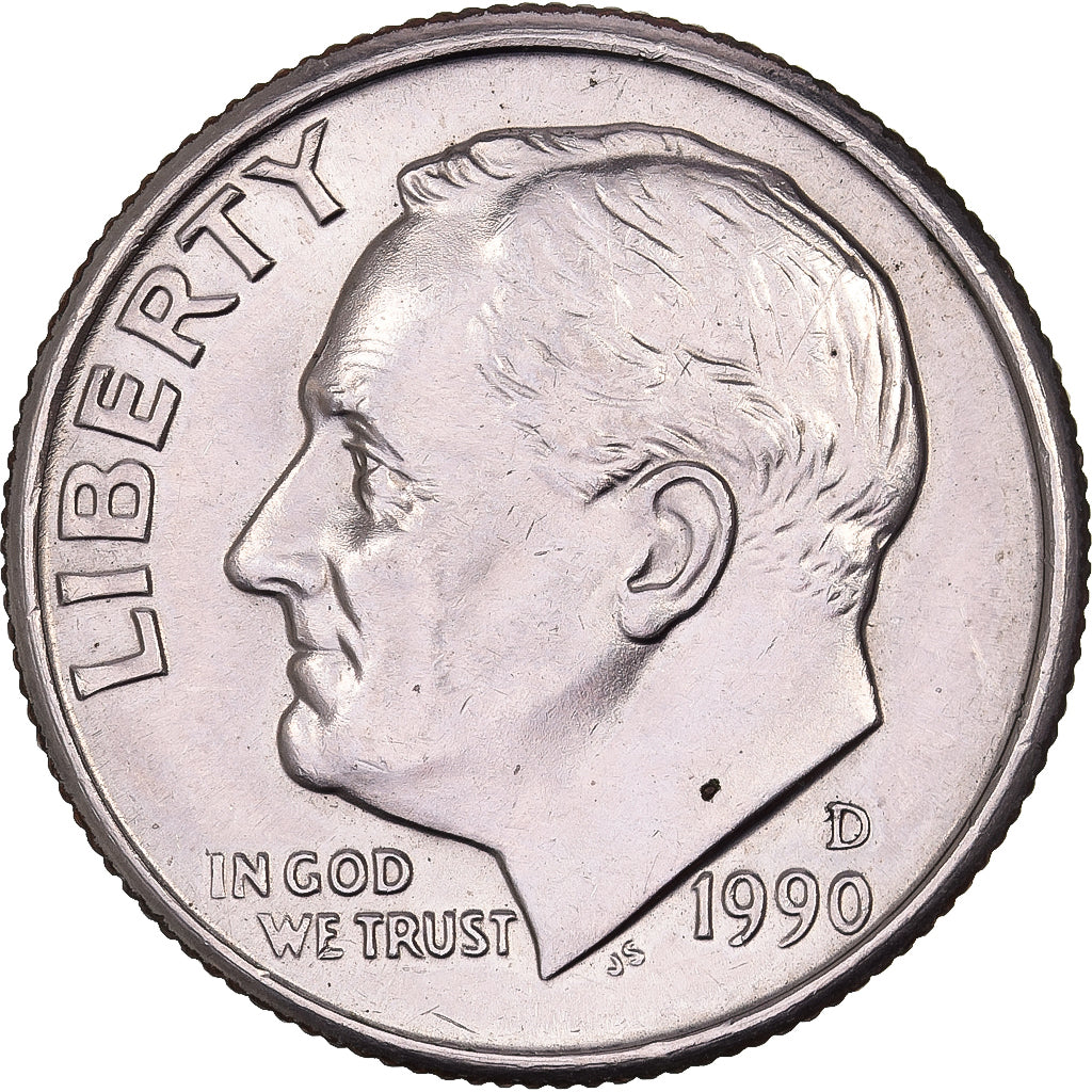 Estados Unidos da América, Dime, Roosevelt, 1990, U.S. Mint, Cobre Revestido a