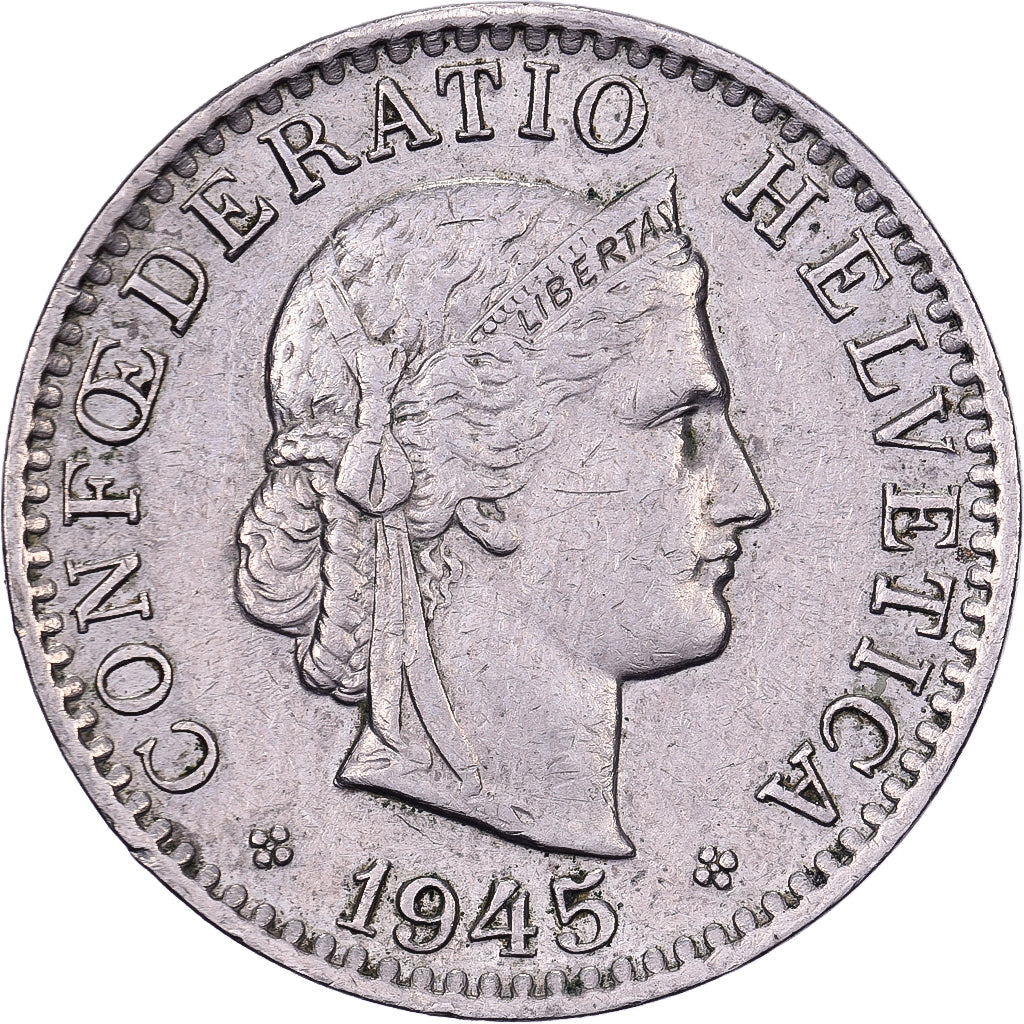 Switzerland, 20 Rappen, 1945, Bern, Copper-nickel, EF(40-45), KM:29a