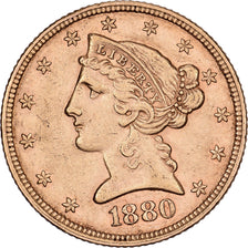 Estados Unidos da América, $5, Half Eagle, Coronet Head, 1880, U.S. Mint