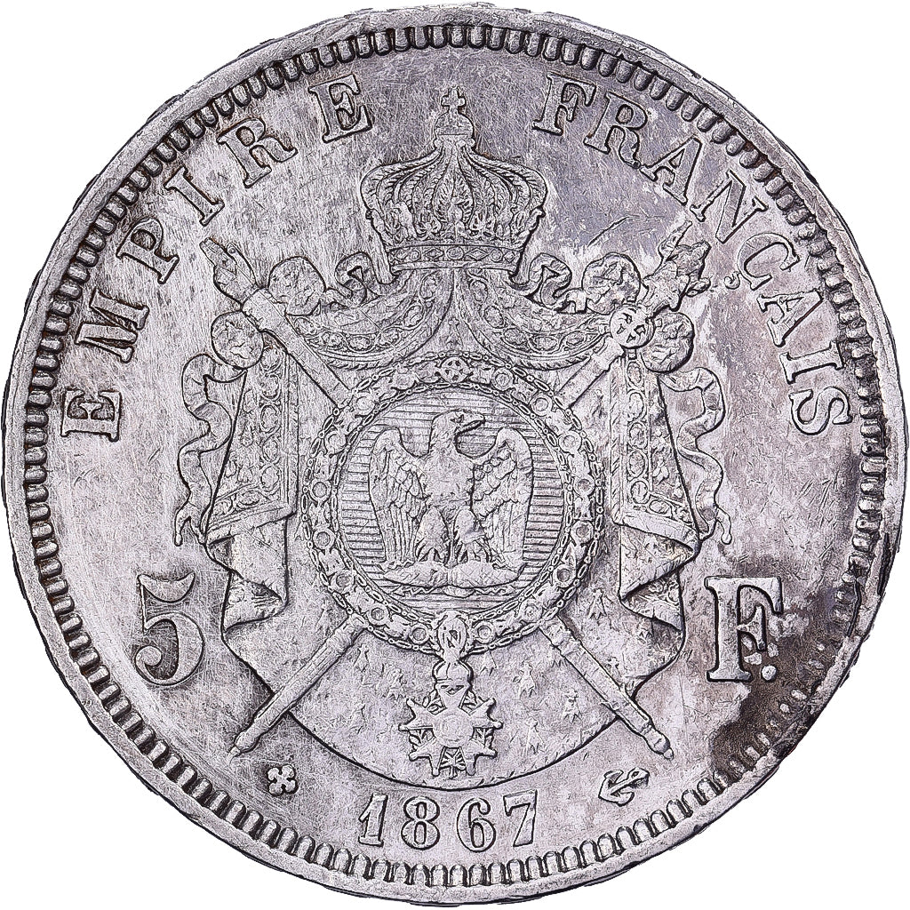 Francia, Napoleon III, 5 Francs, 1867, Strasbourg, Argento, BB, Gadoury:739