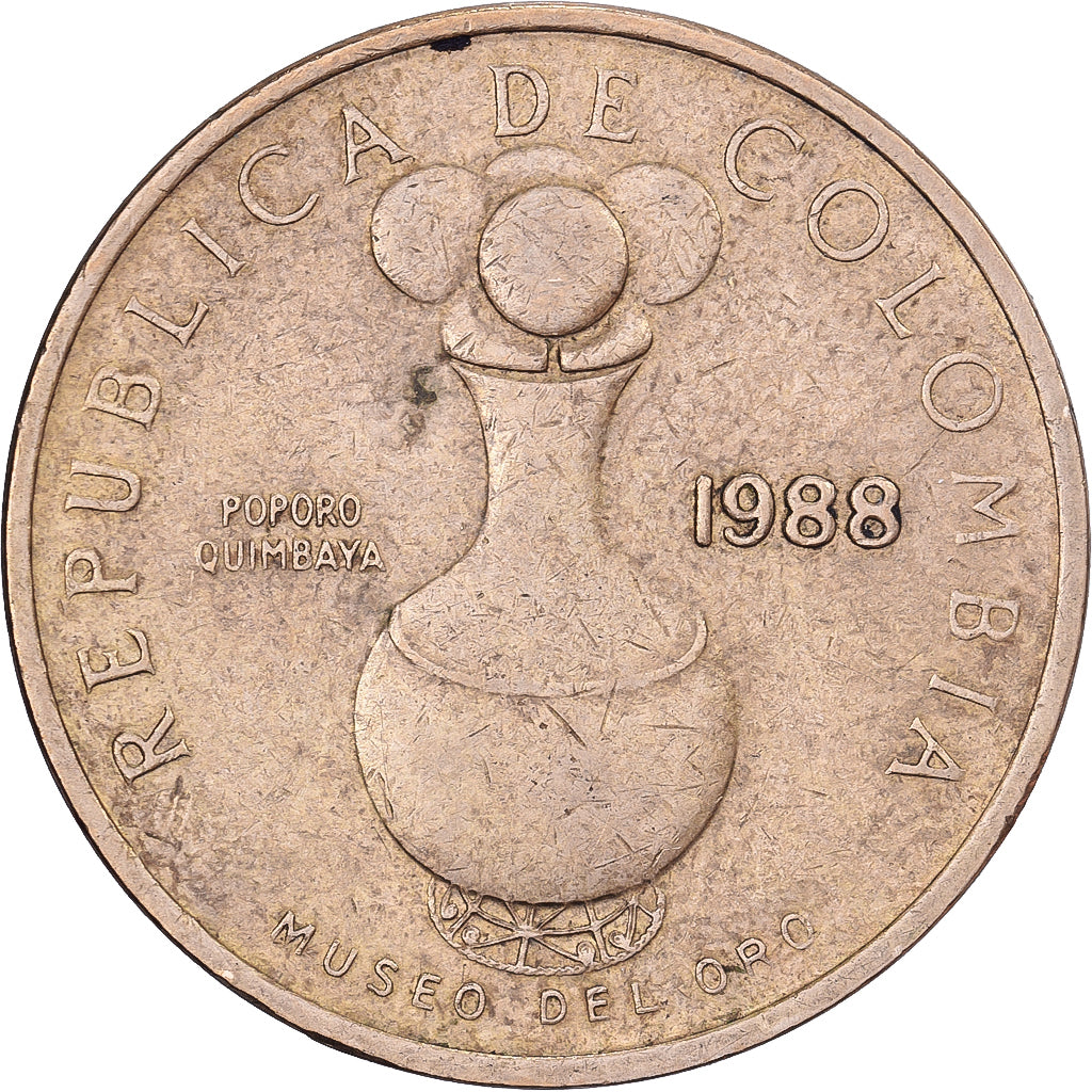 Colombia, 20 Pesos, 1988, Aluminio - bronce, MBC, KM:271