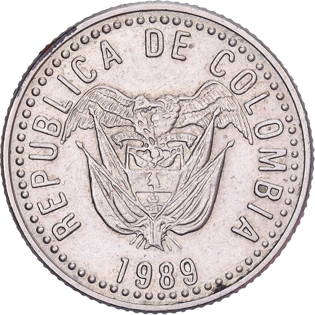 Colombia, 10 Pesos, 1989, Miedź-Nikiel-Cynk, AU(50-53), KM:281.1